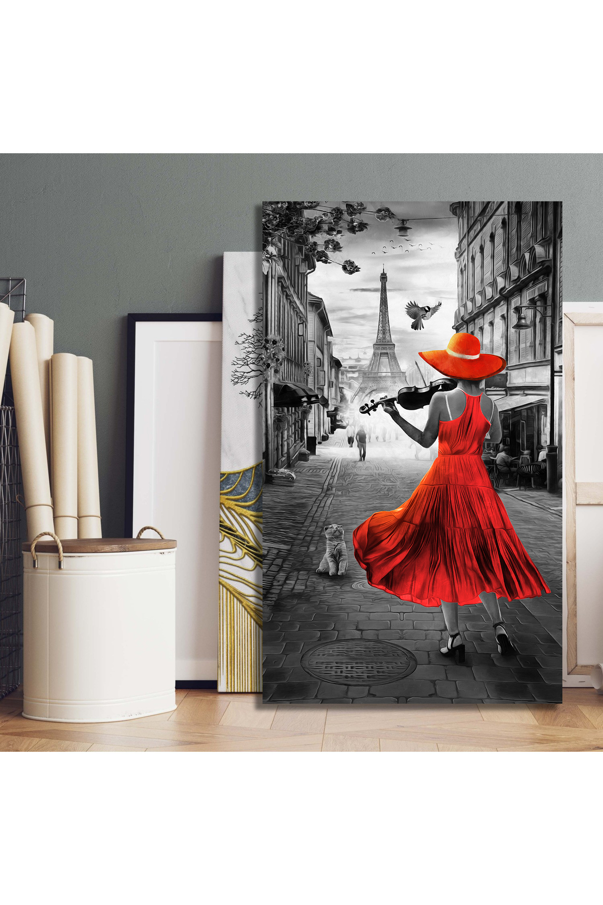 Korkmazkanvas Dekoratif.Paris’Te Gün Batımında Eyfel Kulesi İle Keman Çalan Bir