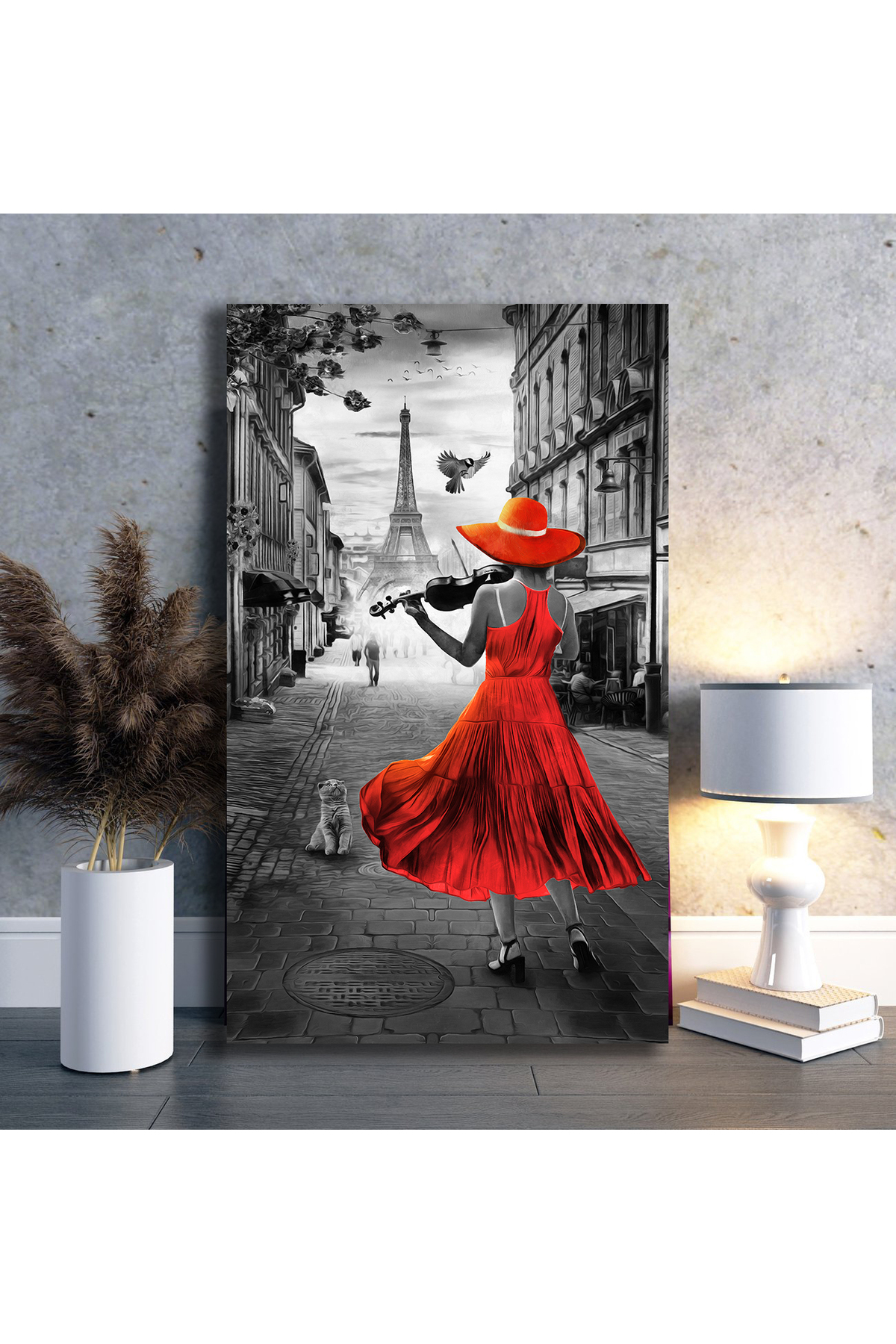 Korkmazkanvas Dekoratif.Paris’Te Gün Batımında Eyfel Kulesi İle Keman Çalan Bir