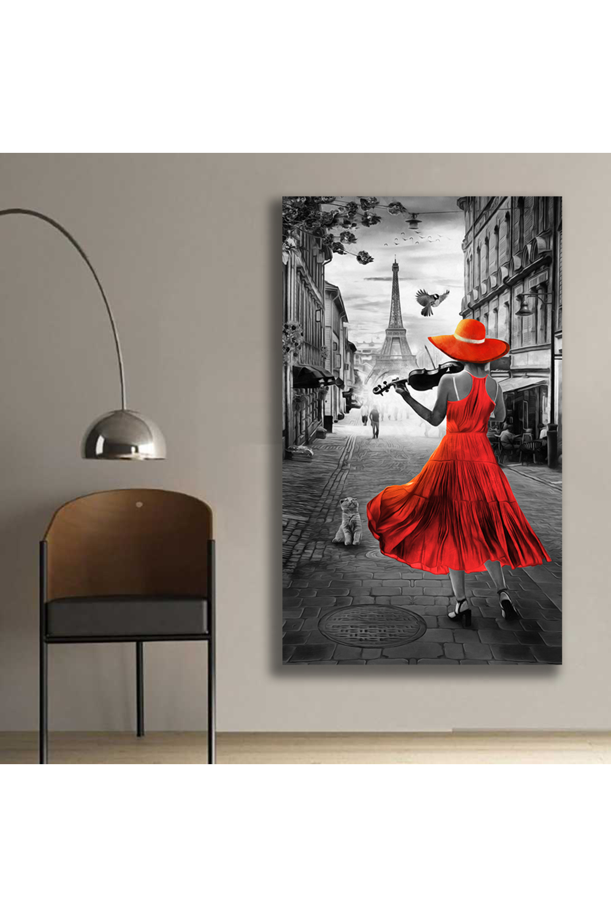 Korkmazkanvas Dekoratif.Paris’Te Gün Batımında Eyfel Kulesi İle Keman Çalan Bir