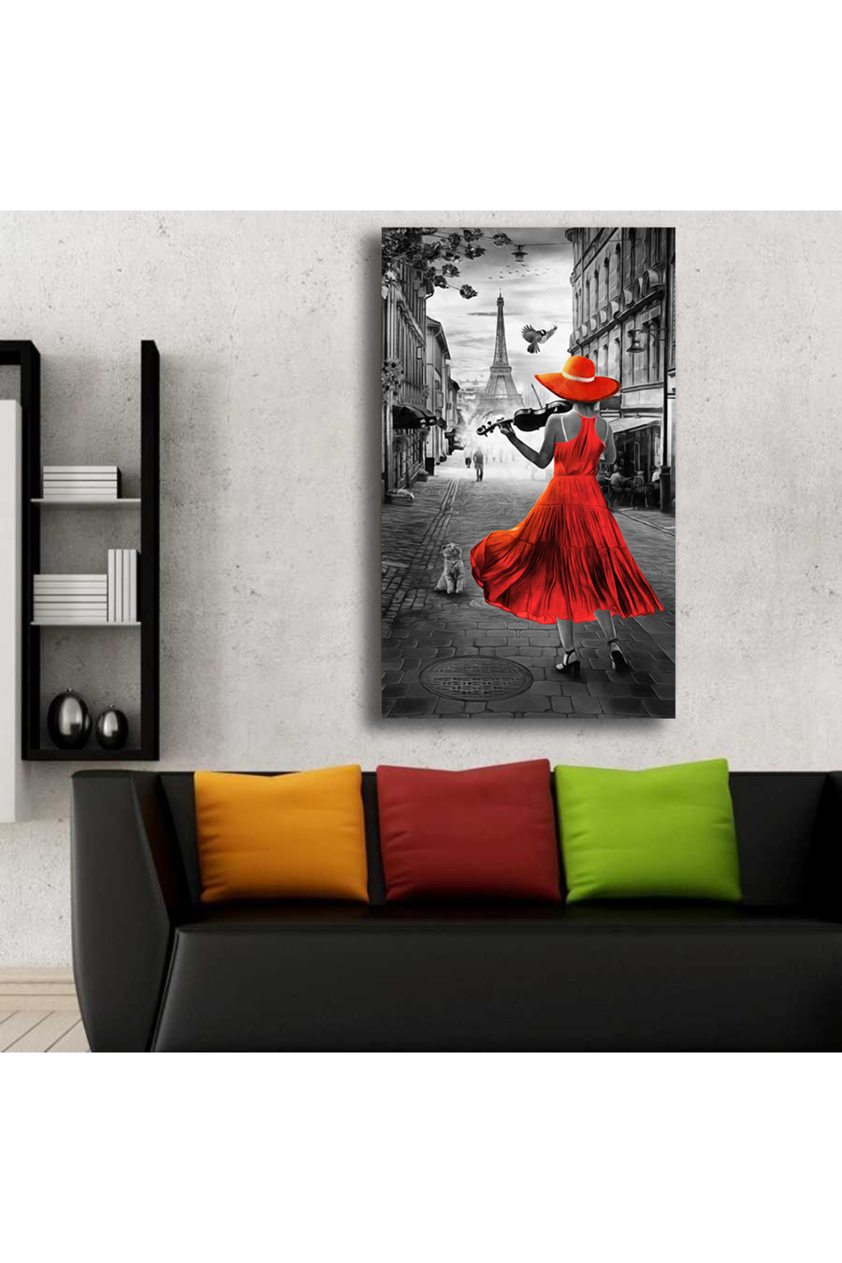 Korkmazkanvas Dekoratif.Paris’Te Gün Batımında Eyfel Kulesi İle Keman Çalan Bir