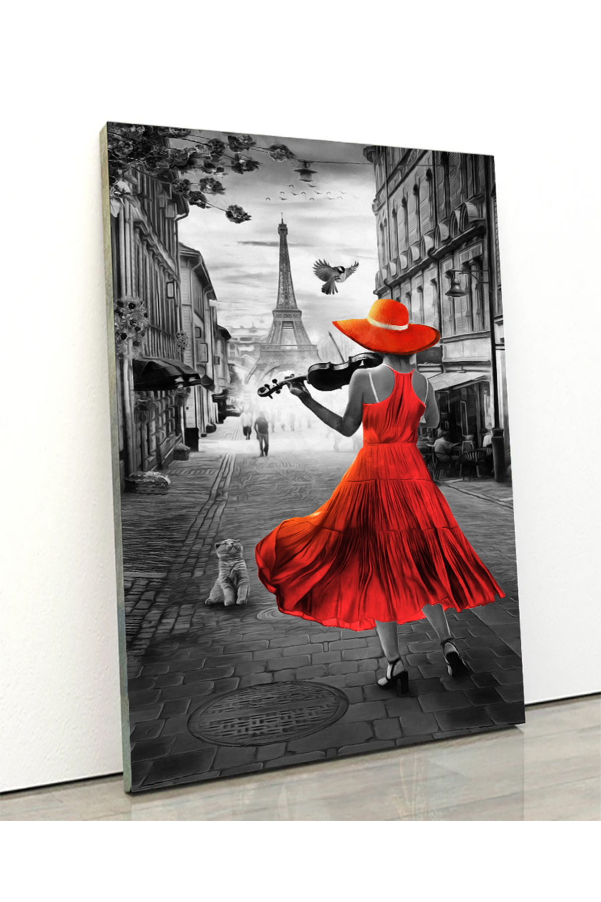 Korkmazkanvas Dekoratif.Paris’Te Gün Batımında Eyfel Kulesi İle Keman Çalan Bir