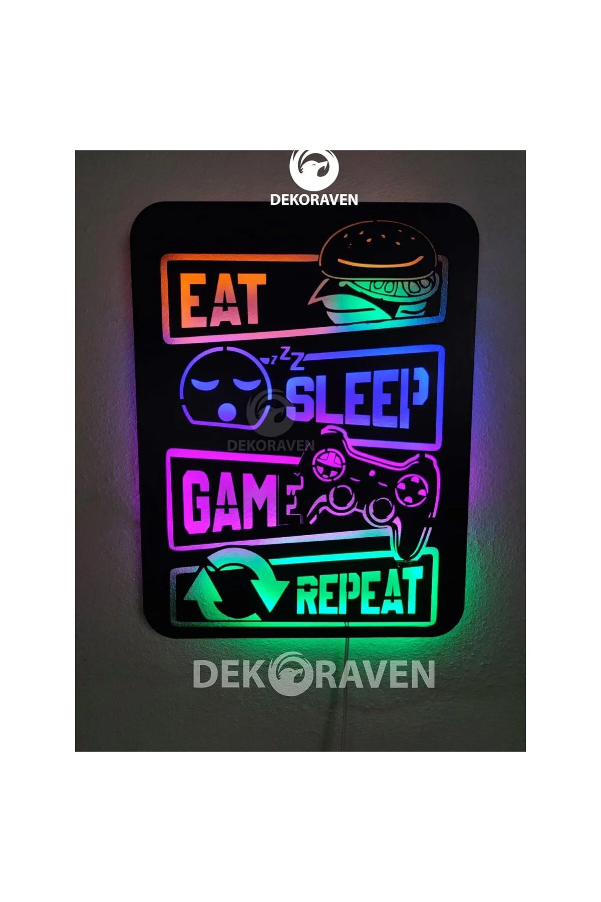 dekoraven Gamer Led Işıklı Ahşap Tablo -eat sleep game repeat 55x
