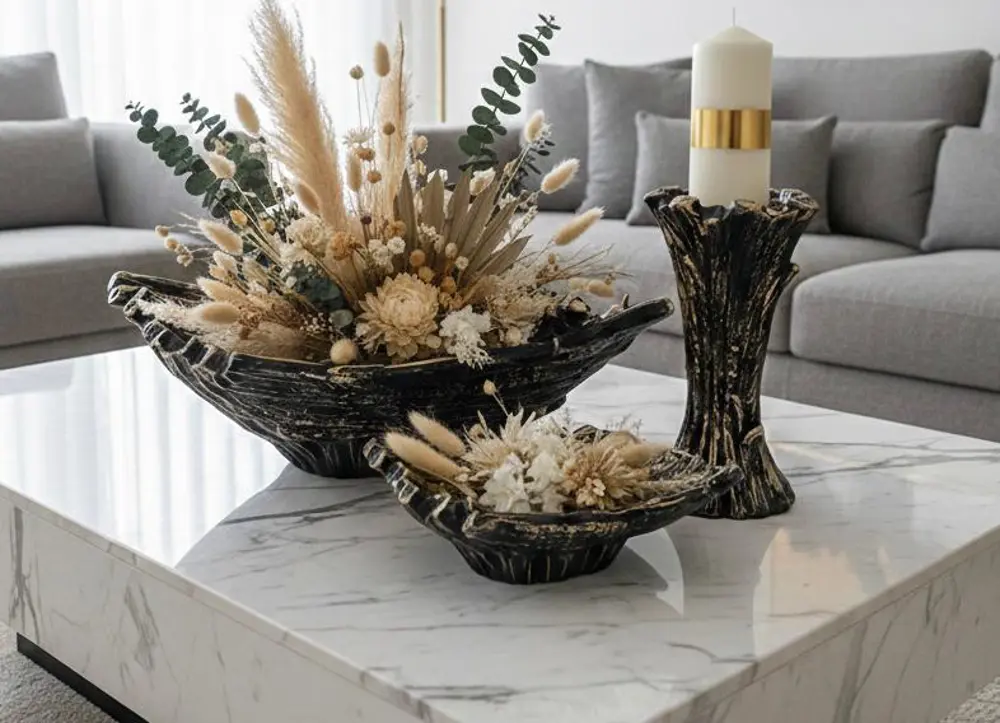 Dekratif Üçlü Slon Seti Biblo, 2 Adet Dekoratif Tabak Ve Mumluk