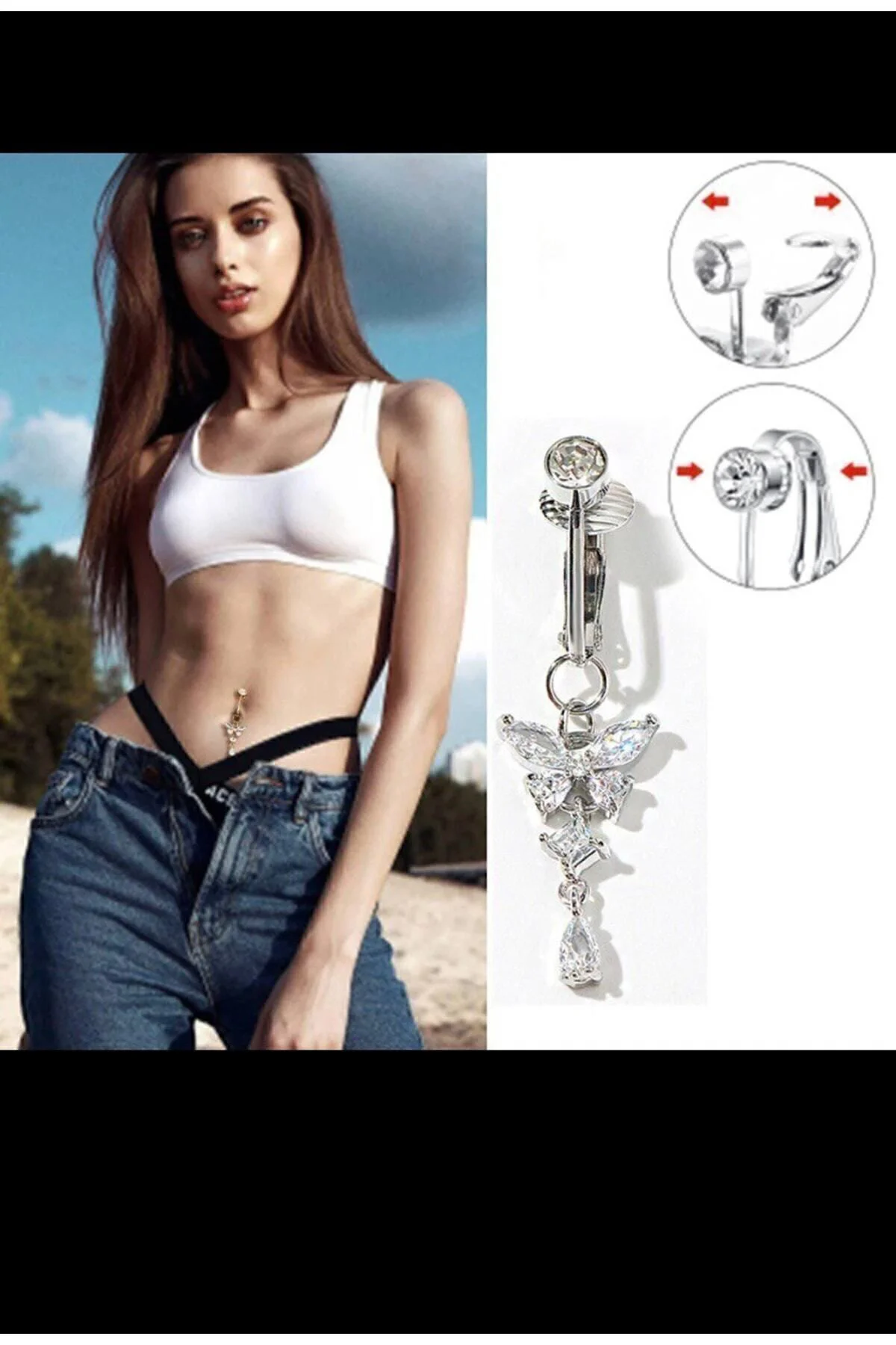 Delik Gerektirmeyen Klipsli Sıkıştırmalı Sahte Göbek Piercingi