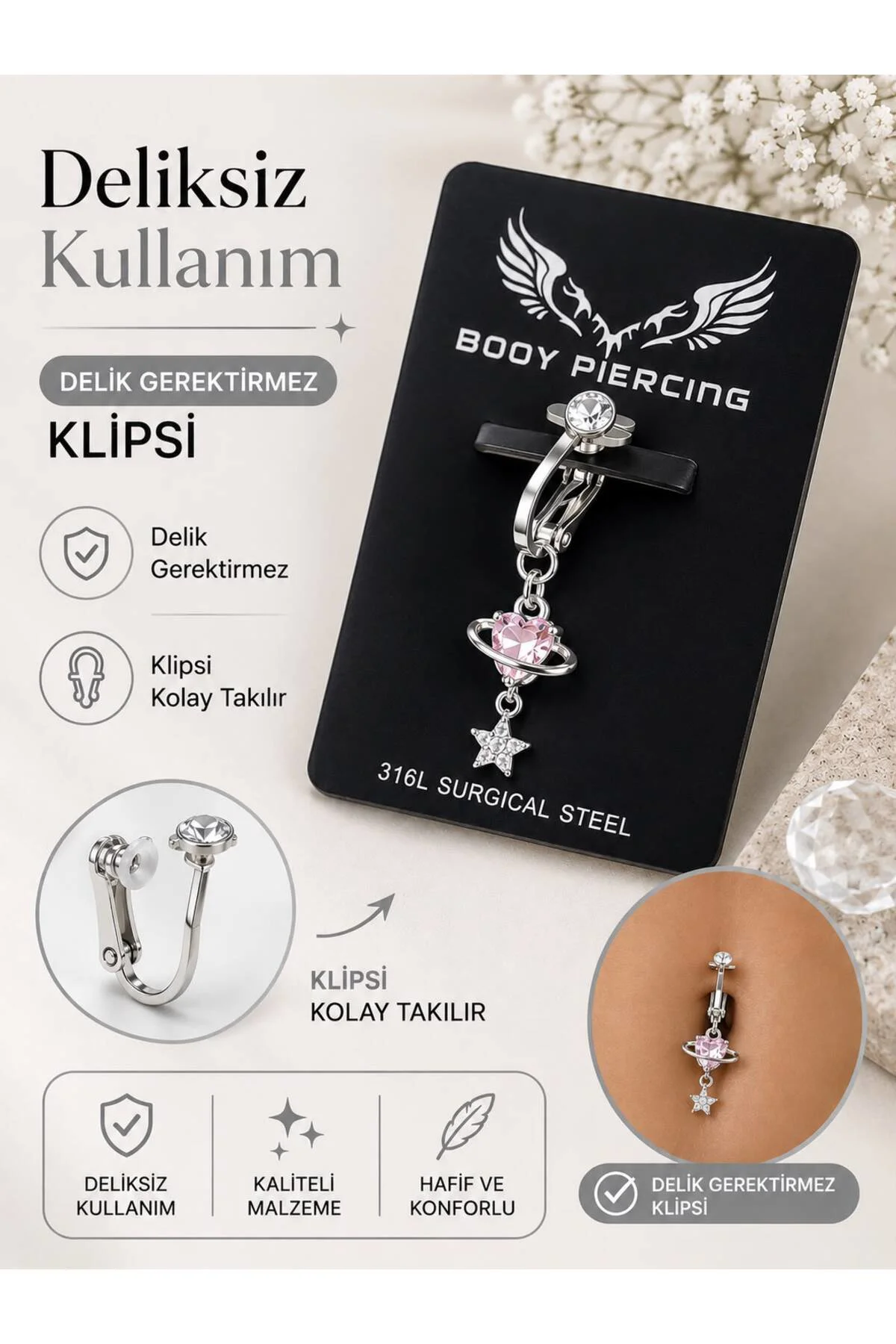 delik gerektirmeyen deliksiz sıkıştırmalı göbek piercingi