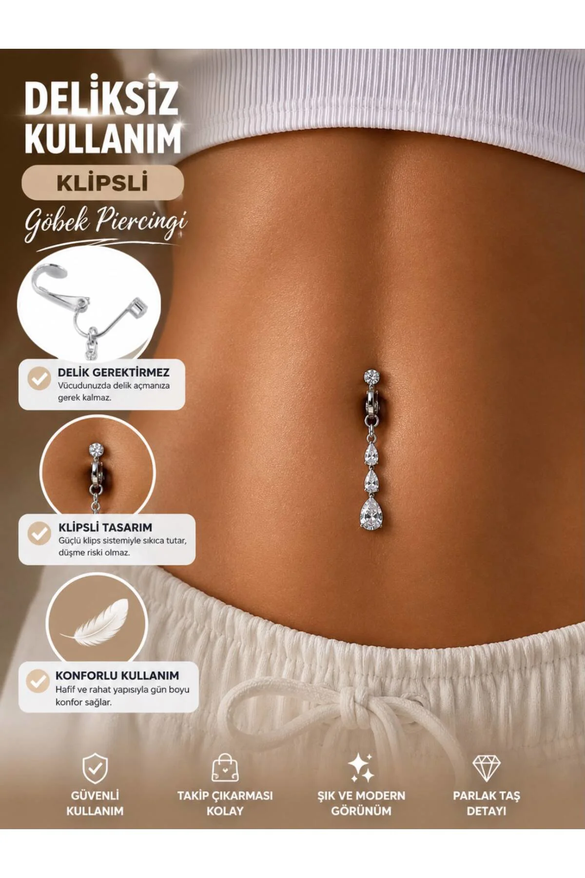 delik gerektirmeyen klipsli deliksiz göbek piercingi Fiyatı, Yorumları ve Özellikleri