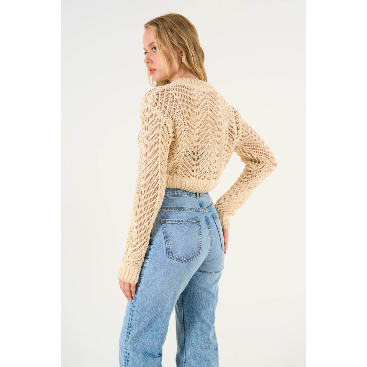 Delikli Lucky Life Kadın Triko Kazak - Ekru