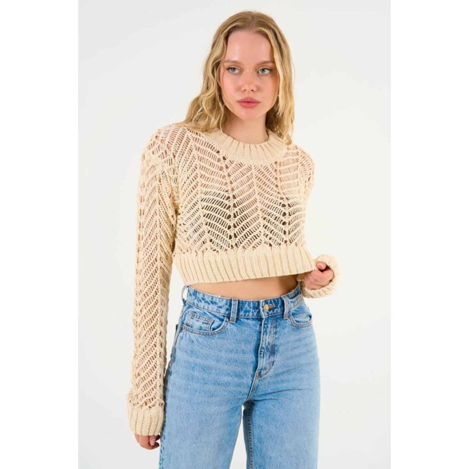 Delikli Lucky Life Kadın Triko Kazak - Ekru