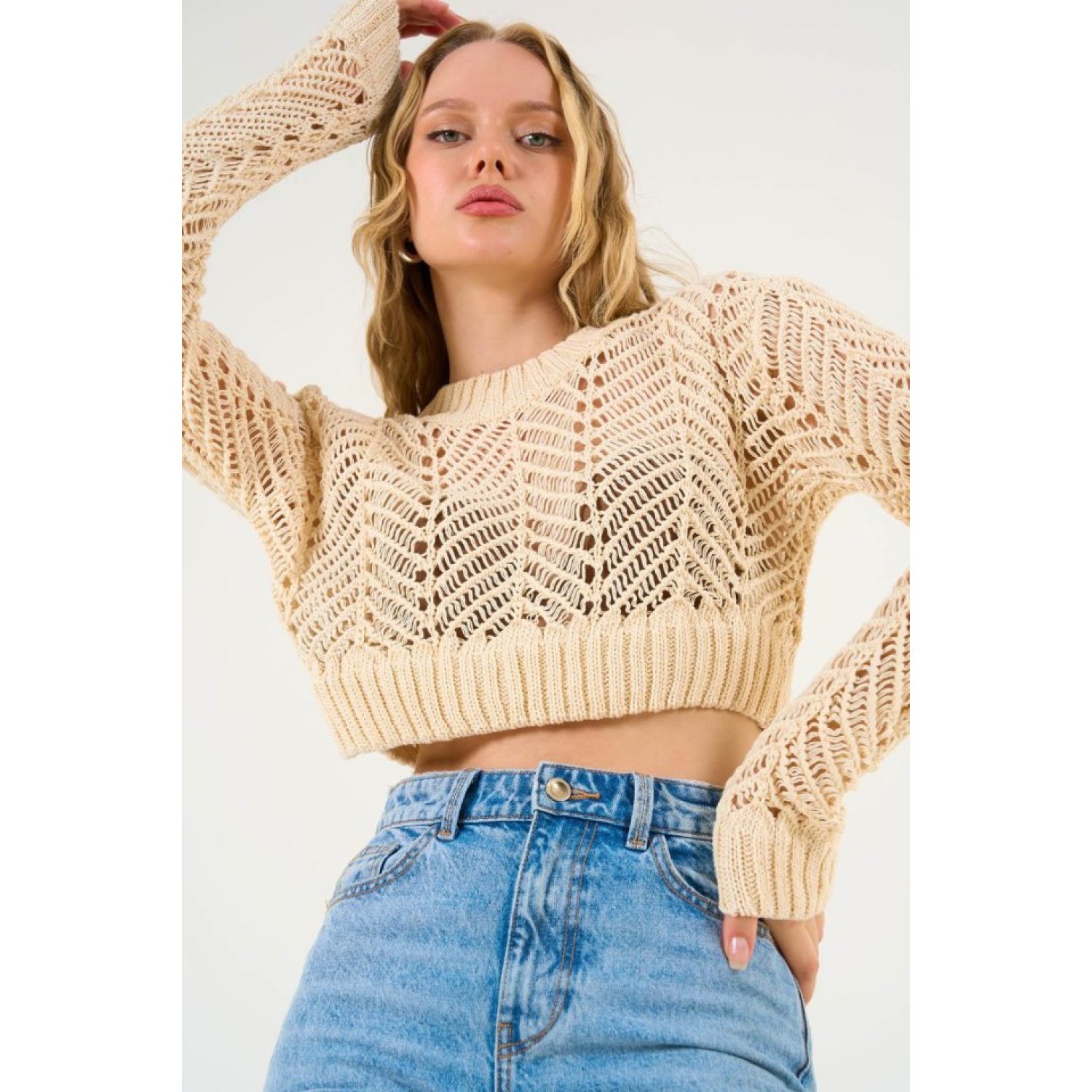 Delikli Lucky Life Kadın Triko Kazak - Ekru