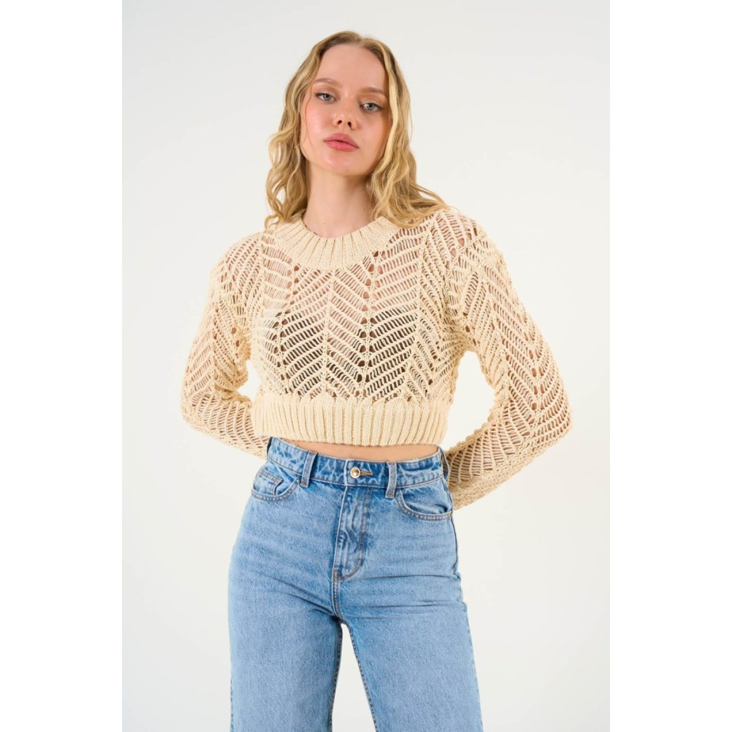 Delikli Lucky Life Kadın Triko Kazak - Ekru