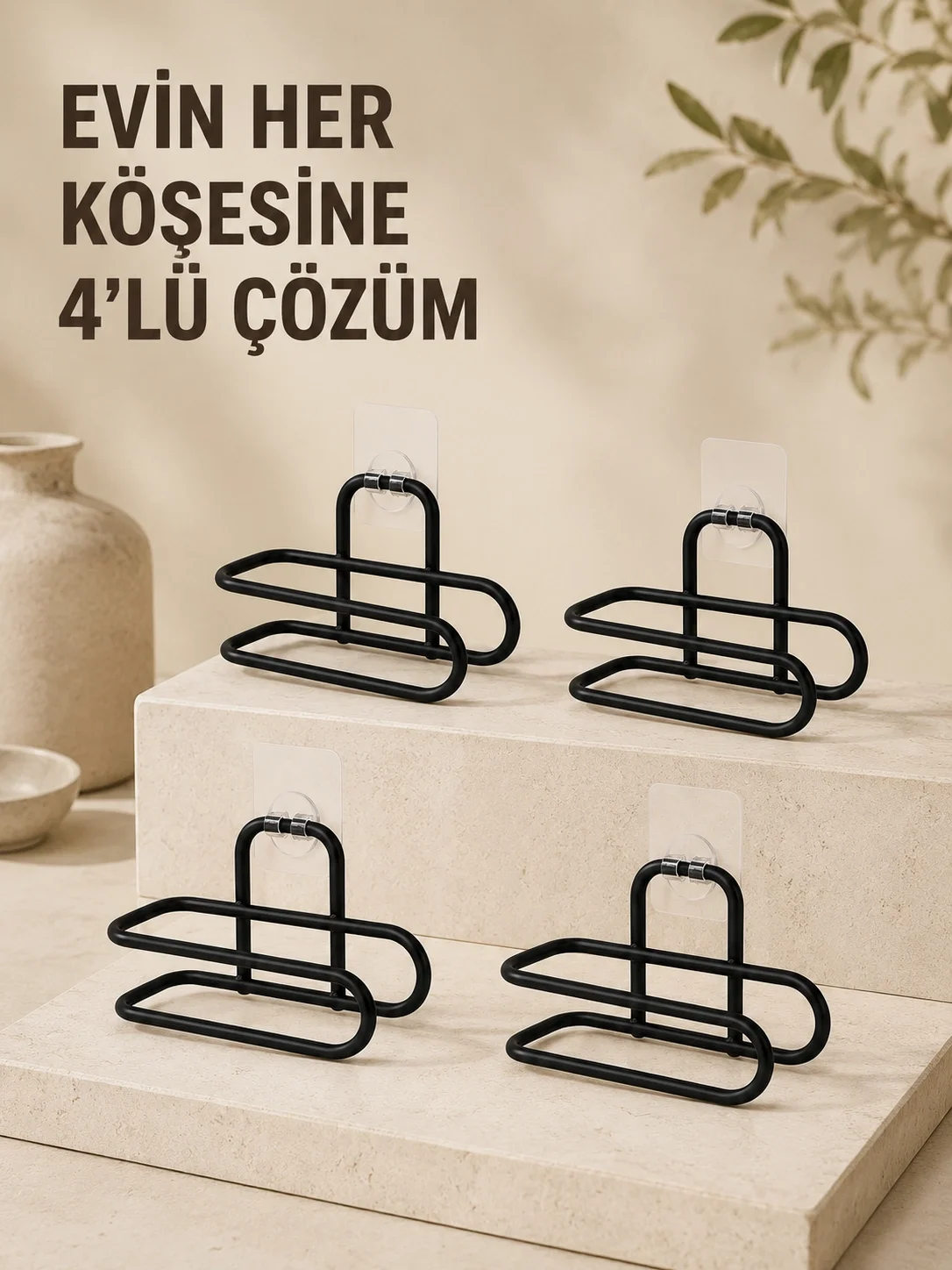 Delmeden Monte Tuvalet Kağıdı Askısı Siyah Metal Yapışkanlı Banyo Kağıtlığı 4’lü Set