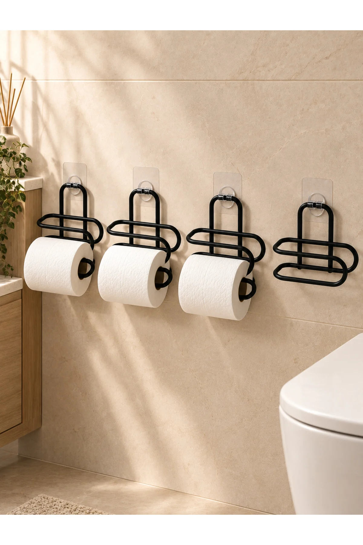 Delmeden Monte Tuvalet Kağıdı Askısı Siyah Metal Yapışkanlı Banyo Kağıtlığı 4’lü Set - Görsel 3