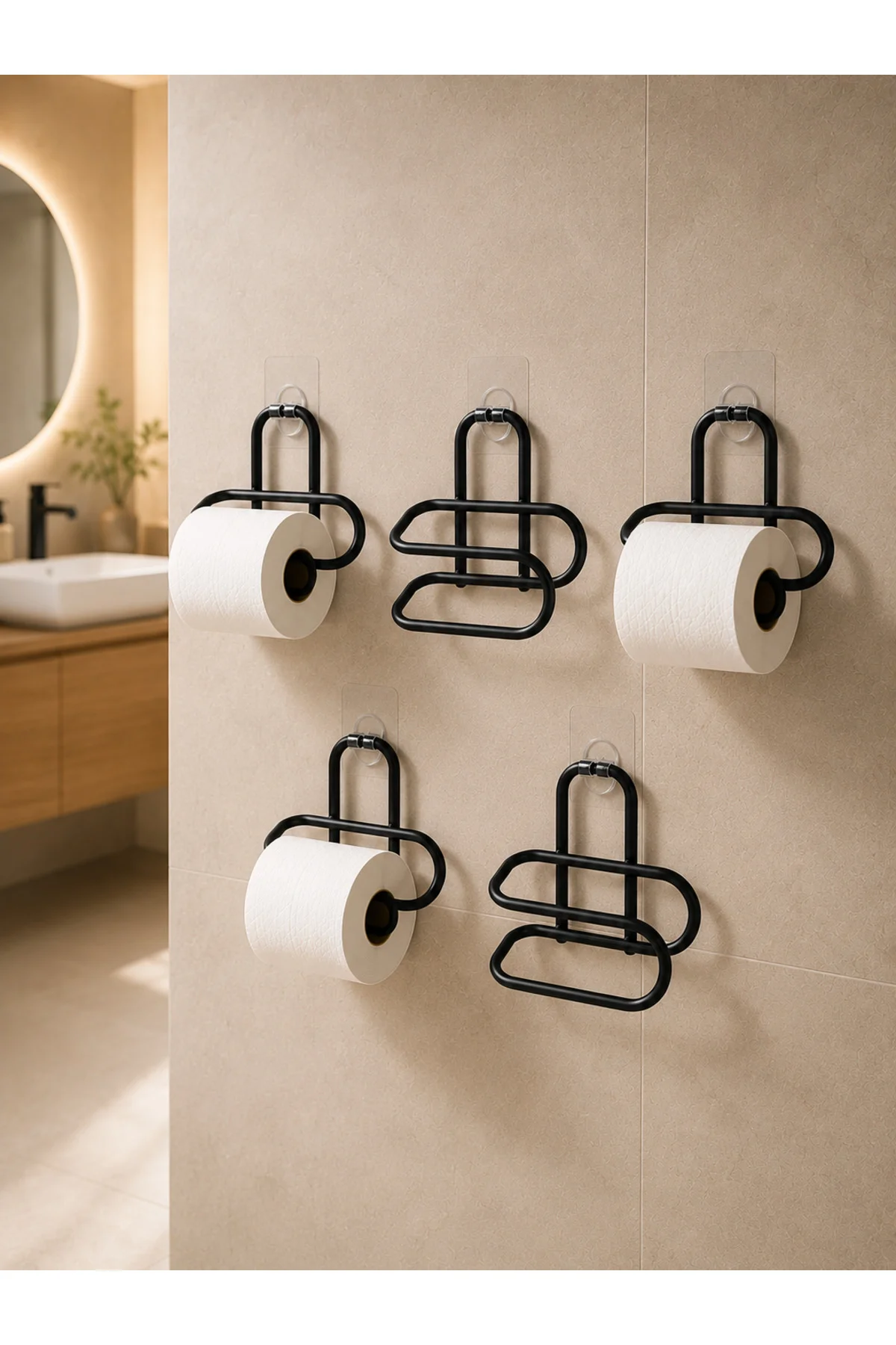 Delmeden Monte Tuvalet Kağıdı Askısı Siyah Metal Yapışkanlı Banyo Kağıtlığı 5’li Set - Görsel 4