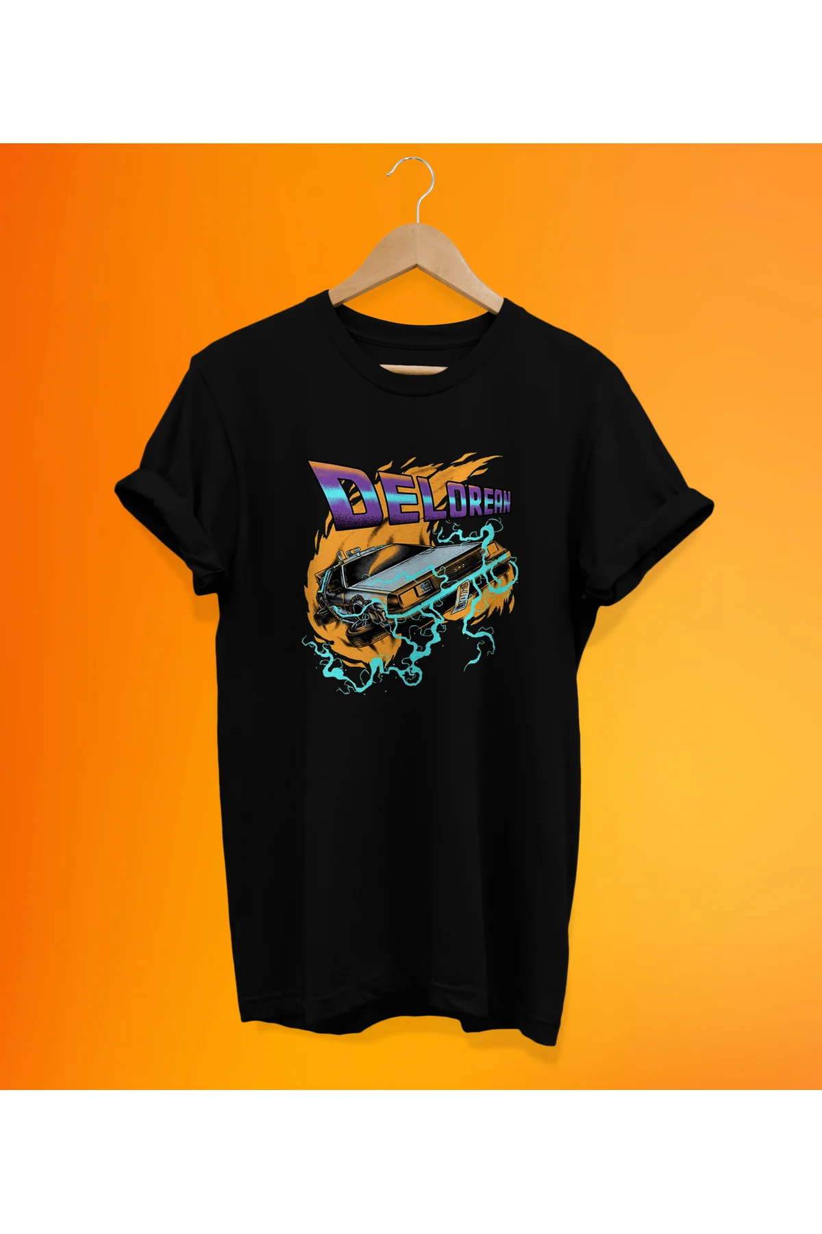 DeLorean Baskılı Siyah, %100 Pamuk Basic (Normal Beden) T-Shirt
