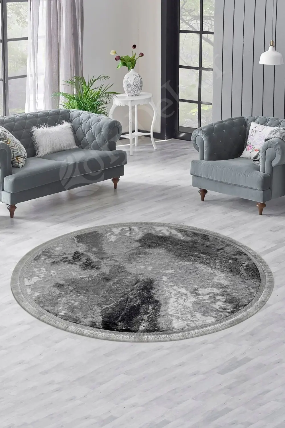 Delüxe Halı Antrasit Saçaklı Siyah Taban Yuvarlak Halı Model Bany