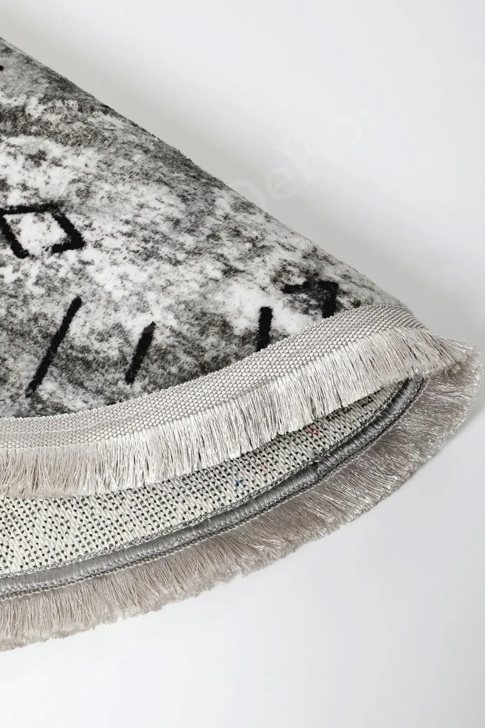 Delüxe Halı Iskandinav Gri Saçaklı Deri Taban Yuvarlak Halı Banyo