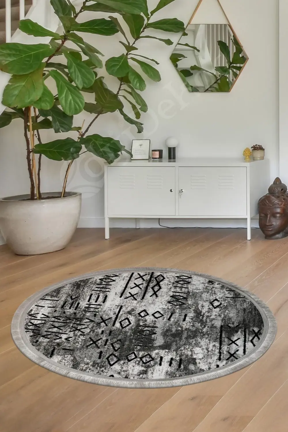 Delüxe Halı Iskandinav Gri Saçaklı Deri Taban Yuvarlak Halı Banyo