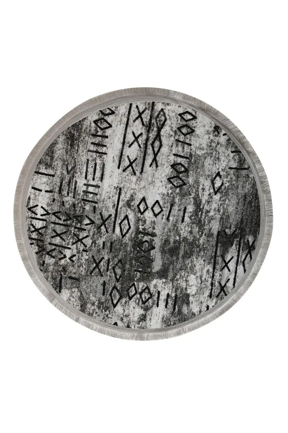 Delüxe Halı Iskandinav Gri Saçaklı Deri Taban Yuvarlak Halı Banyo