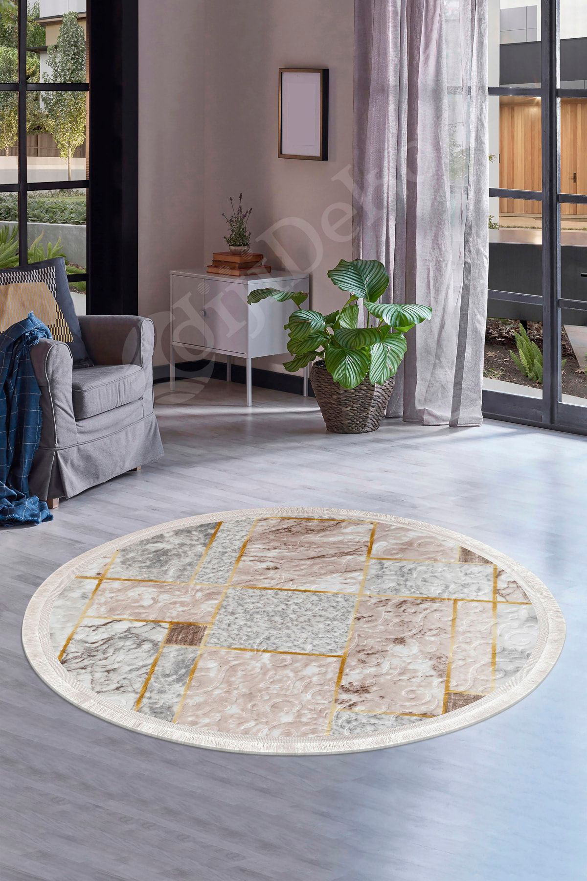 Delüxe Halı Vizon Gri Saçaklı Siyah Taban Yuvarlak Halı Model Banyo Paspası 80x80 Delüxe Halı Vizon Gri Saçaklı Siyah Taban Yuvarlak Halı Model Banyo Paspası 80x80