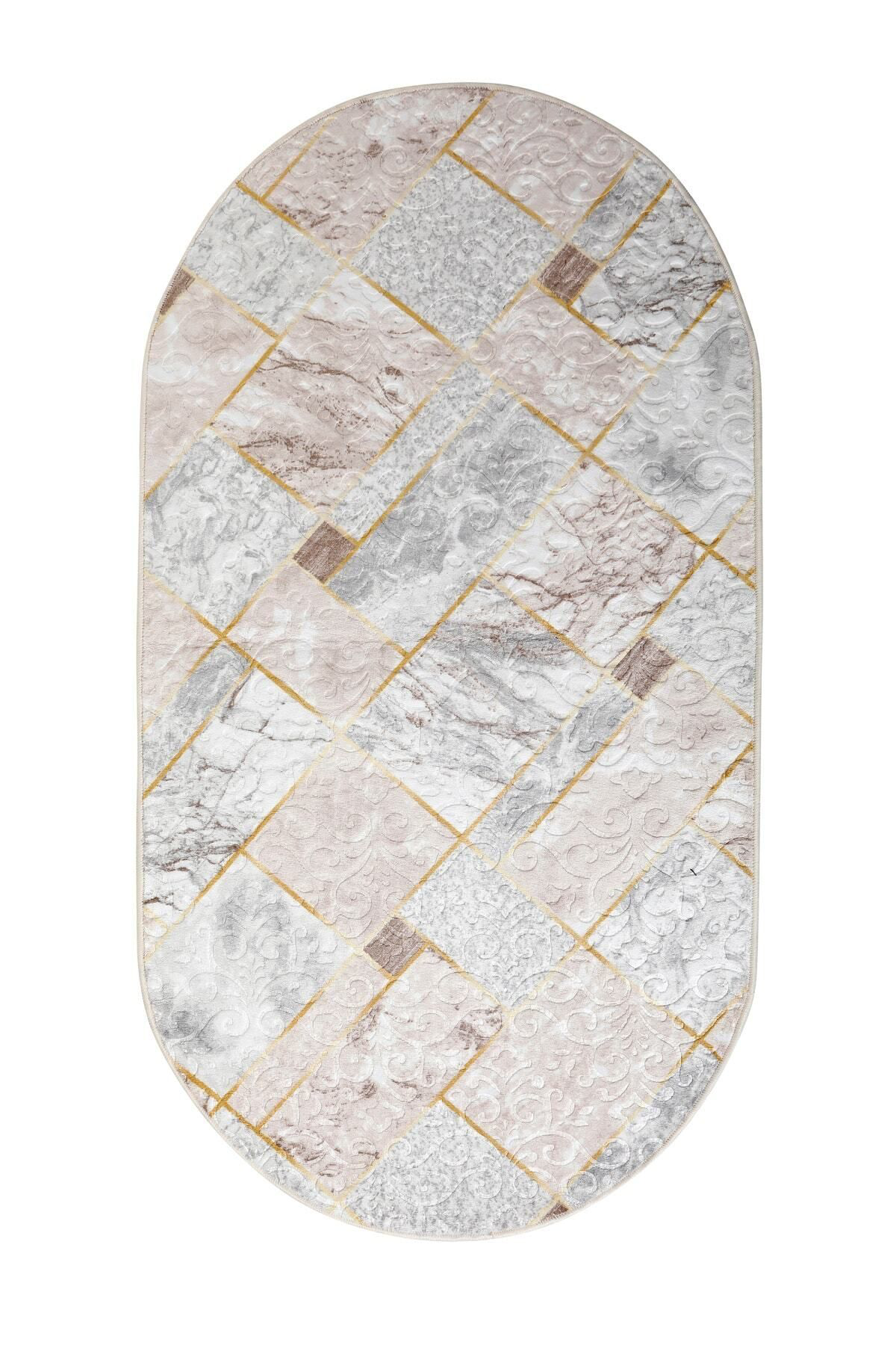 Delüxe Halı Vizon Gri Saçaksız Siyah Taban Oval Halı Yeni Kabartm