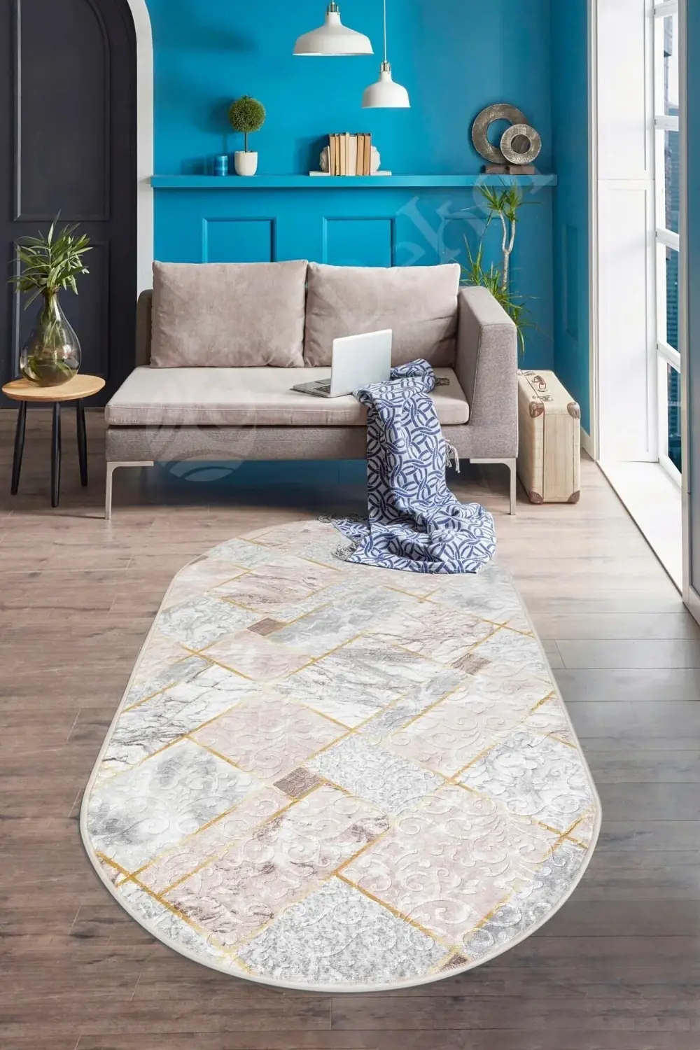 Delüxe Halı Vizon Gri Saçaksız Siyah Taban Oval Halı Yeni Kabartm