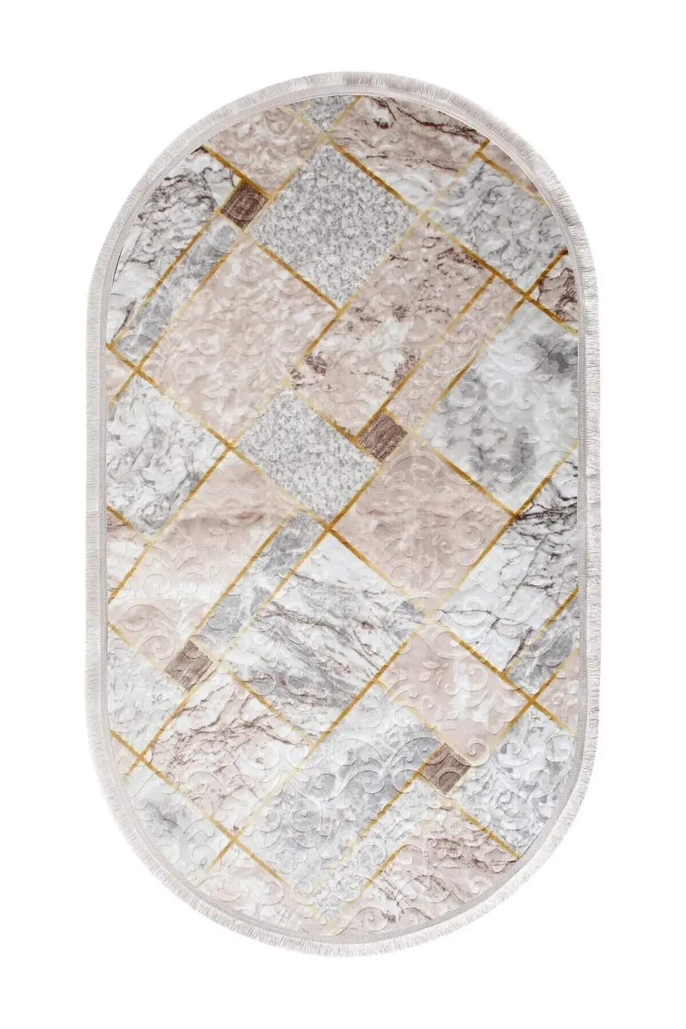 Delüxe Vizon Gri Saçaklı Siyah Taban Oval Halı Yeni Kabartmalı Mo