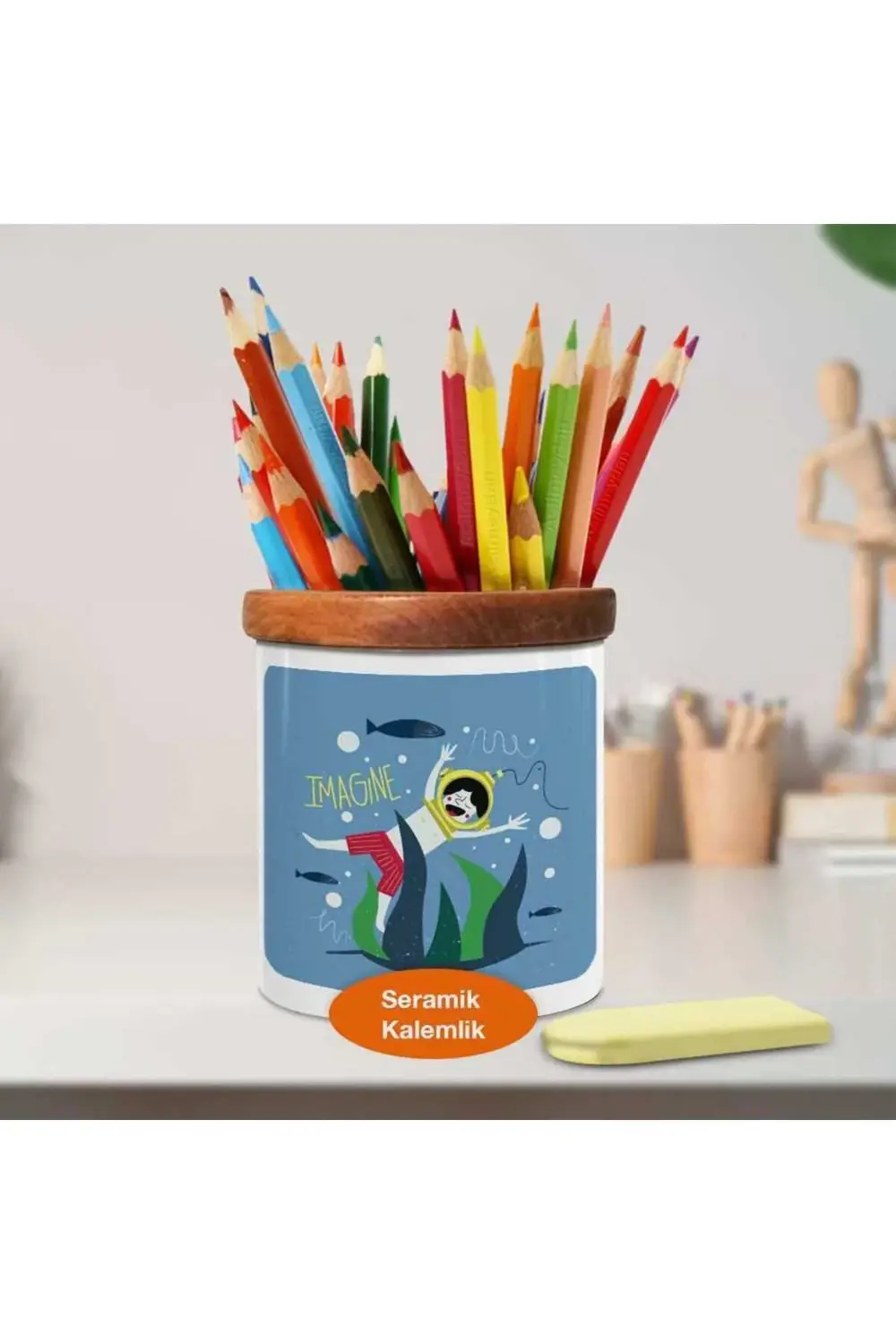 Deniz Altında Dalgıç Ahşap Seramik Kalemlik - 23-2147532452