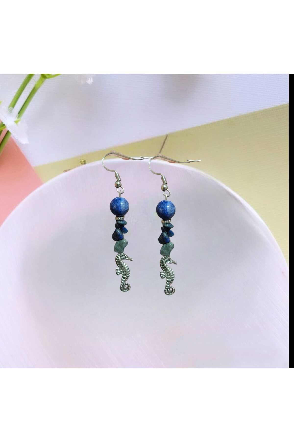 Bijuteri Küpe Deniz Atlı Mavi Doğal Taşlı Küpe