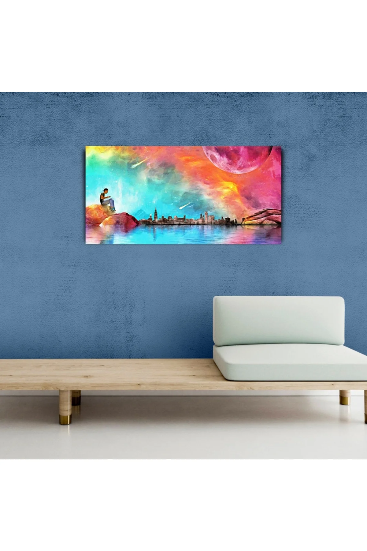 Deniz , Ay ve Şehir Silüeti Kanvas Tablo 60 x 120