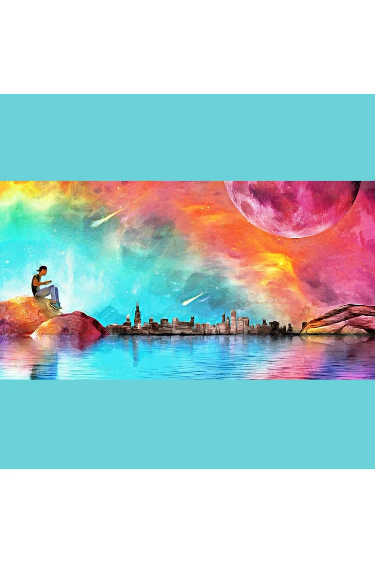 Deniz , Ay ve Şehir Silüeti Kanvas Tablo 60 x 120