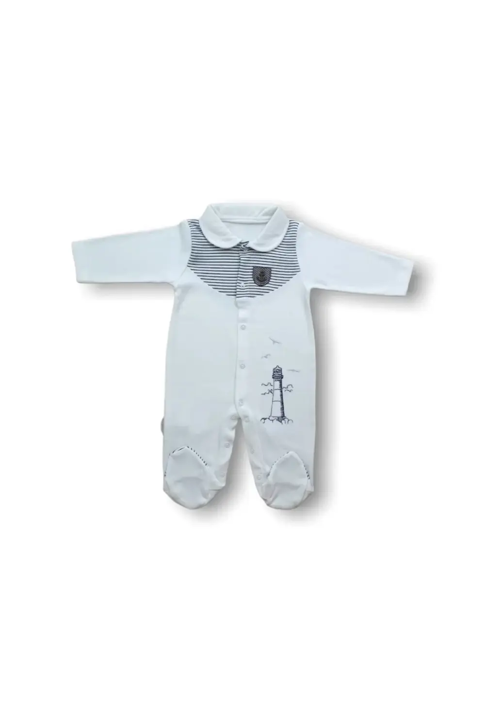 Deniz Feneri Nakışlı Patikli Uzun Kollu Erkek Bebek Tulumu Ekru