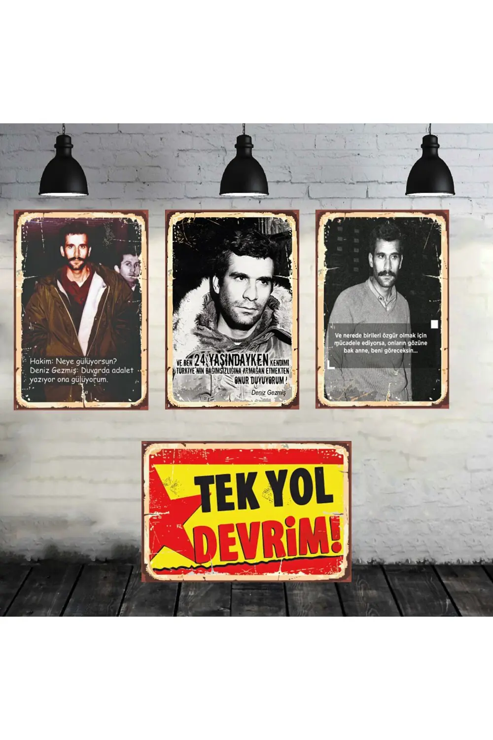 Deniz Gezmiş Tek Yol Devrim Seti 4 Adet 20x30 Cm Retro Ahşap Tabl