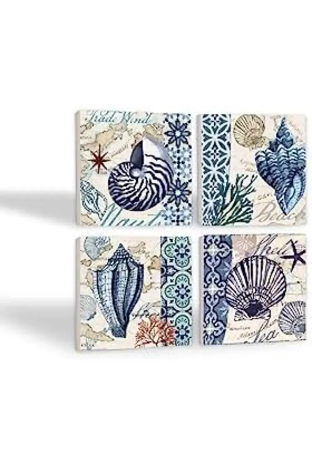 Deniz Kabuğu Taş Bardak Altlığı Seti - 4 Parça - Dekoratif, Rusti