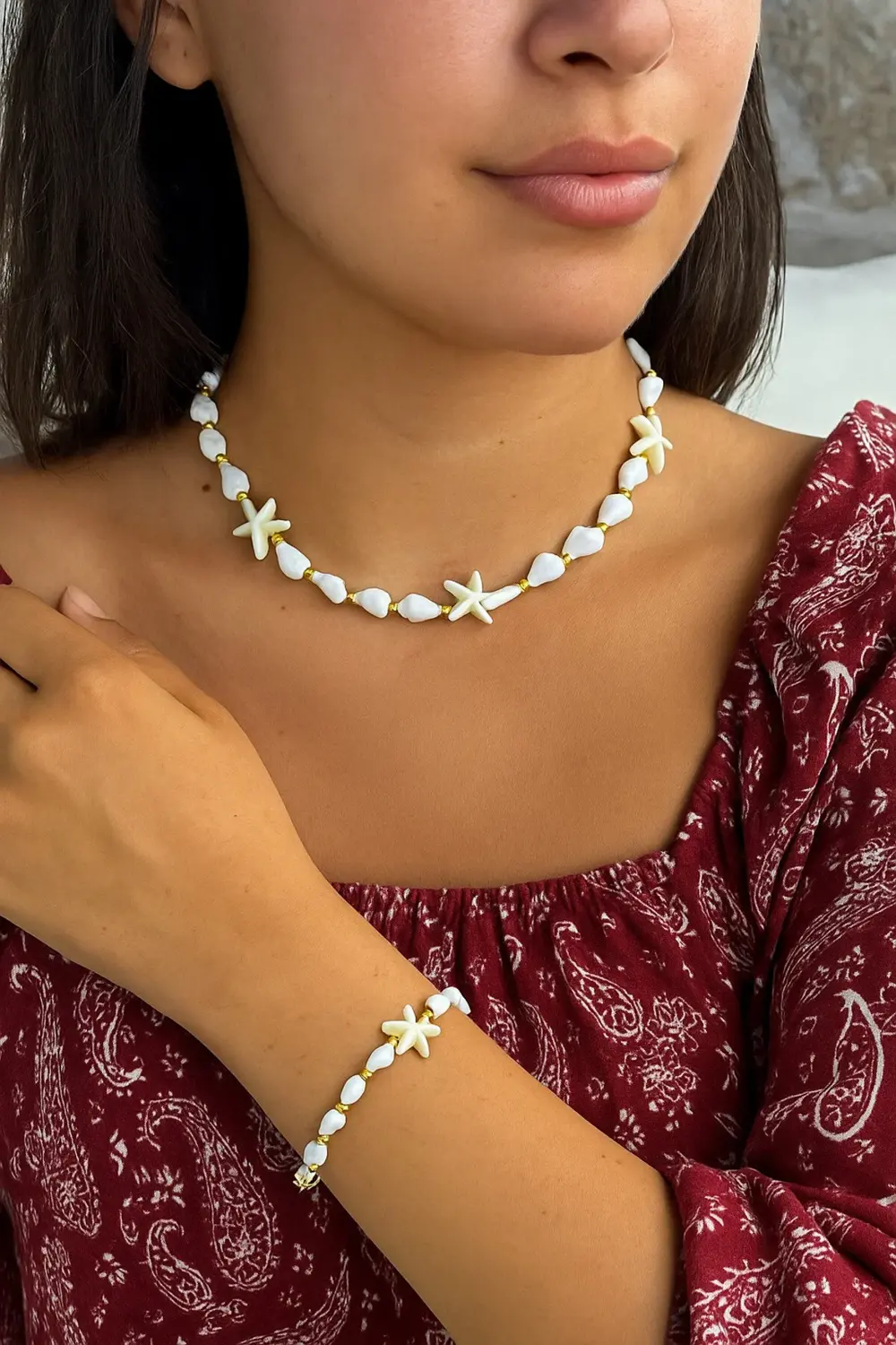 deniz kabuklu deniz yıldızlı kolye bileklik set
