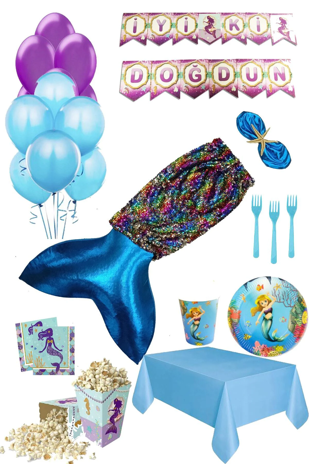 Deniz Kızı Kostüm Ve Parti Setli 16 Kişilik Doğum Günü Seti Prens