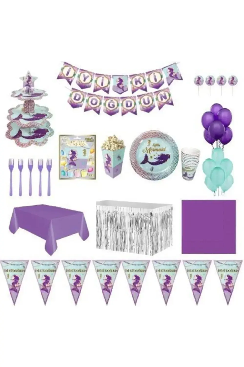 Parti Kırtasiye Deniz Kızı Lüks Doğum Günü Parti Malzemeleri Seti 8 Kişilik