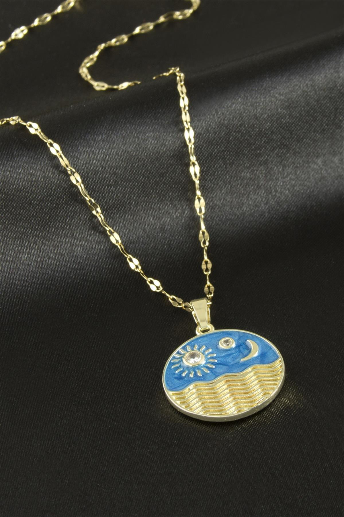 Deniz Manzaralı Lüks Çelik Kolye Zirkon Taşlı Kolye Şık Tasarım