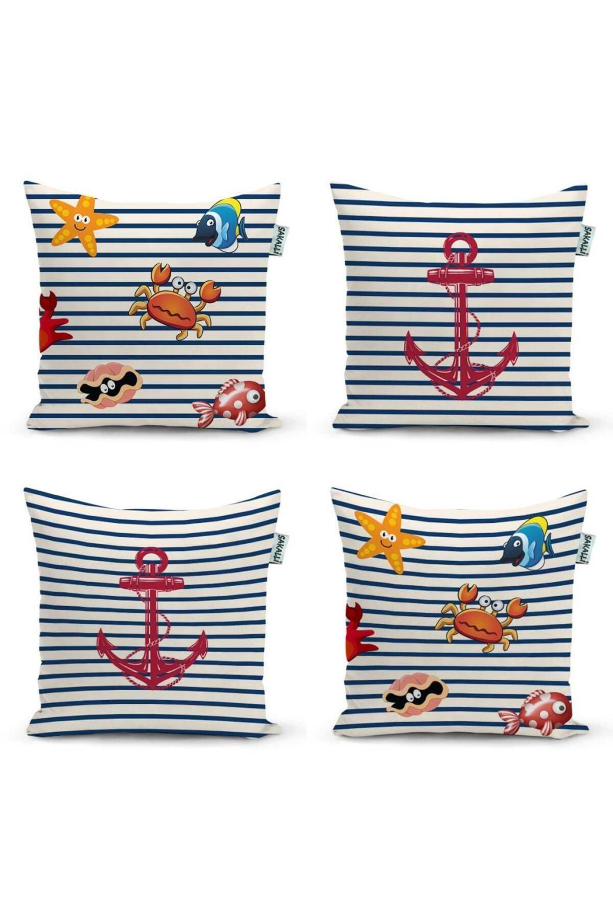 Deniz Temalı 3d Dijital Baskılı 4lü Dekoratif Kırlent Kılıfı