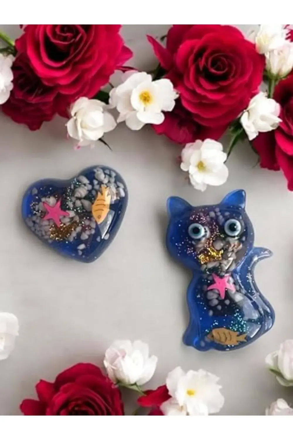 Deniz Temalı magnet set, Mavi Kedi ve Kalp Şeklinde, Balık ve Den