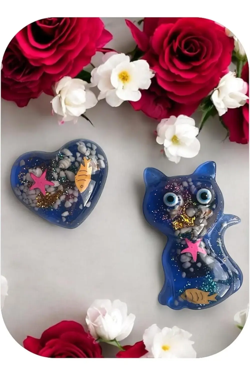 Deniz Temalı magnet set, Mavi Kedi ve Kalp Şeklinde, Balık ve Den