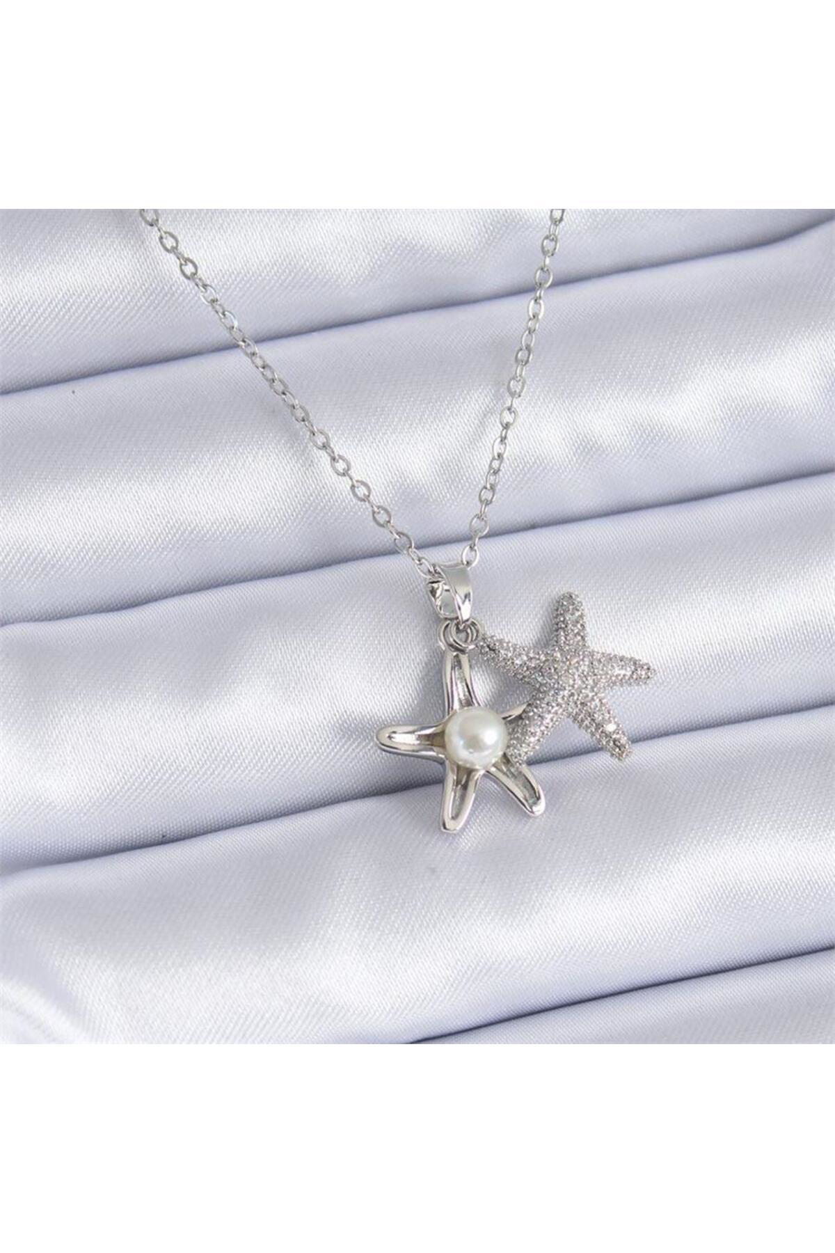 Deniz Yıldızına Gizlenmiş İnci Silver Zincirli Kolye