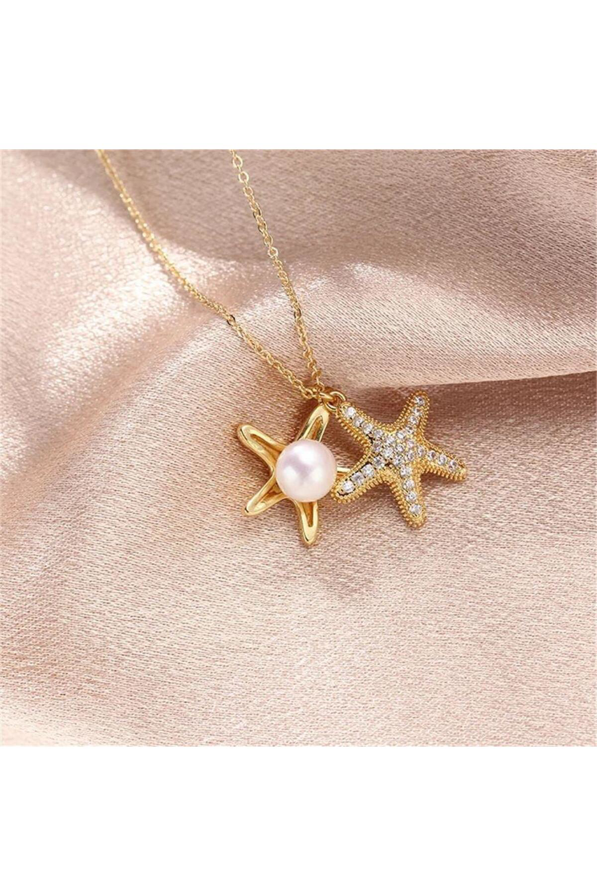 Deniz Yıldızına Gizlenmiş İnci Gold Zincirli Kolye