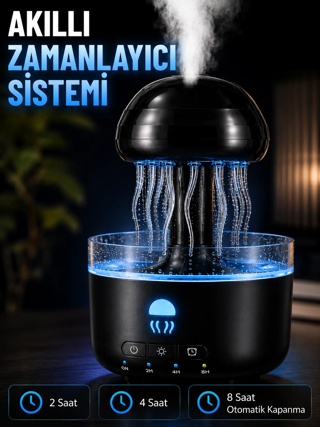 Denizanası Tasarımlı Ultrasonik Hava Nemlendirici RGB LED Işıklı Sessiz Buhar Makinesi Zaman Ayarlı