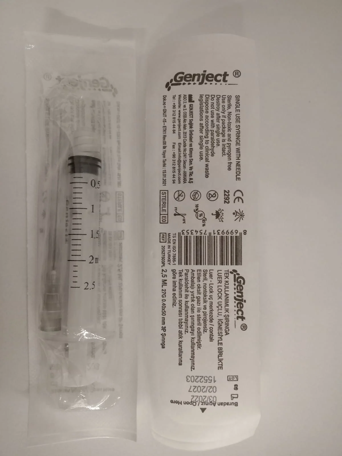 Dental Luer Lock Enjektör 2,5 ML - 27G x 50 mm 3 Parça Şırınga | Steril Diş Hekimliği Enjektörü