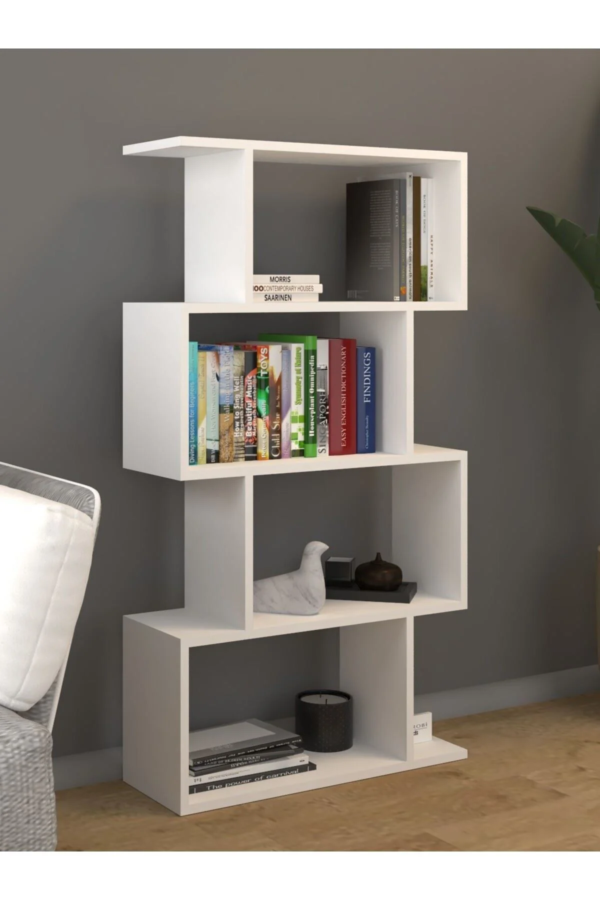 Derbent 4 Raflı Kitaplık Zikzak Dekoratif Raf Zigzag Kitaplık, Be