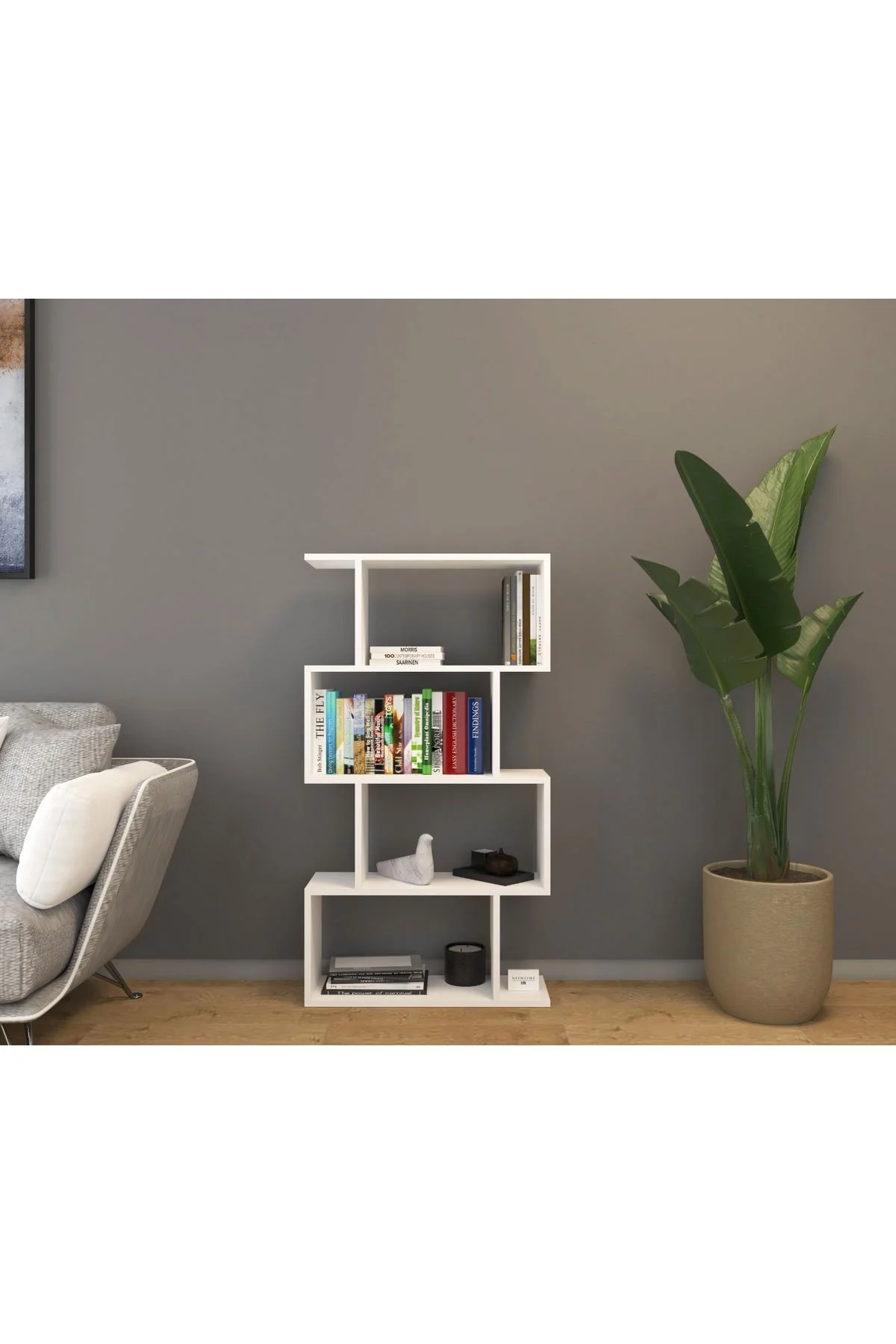 Derbent 4 Raflı Kitaplık Zikzak Dekoratif Raf Zigzag Kitaplık, Be