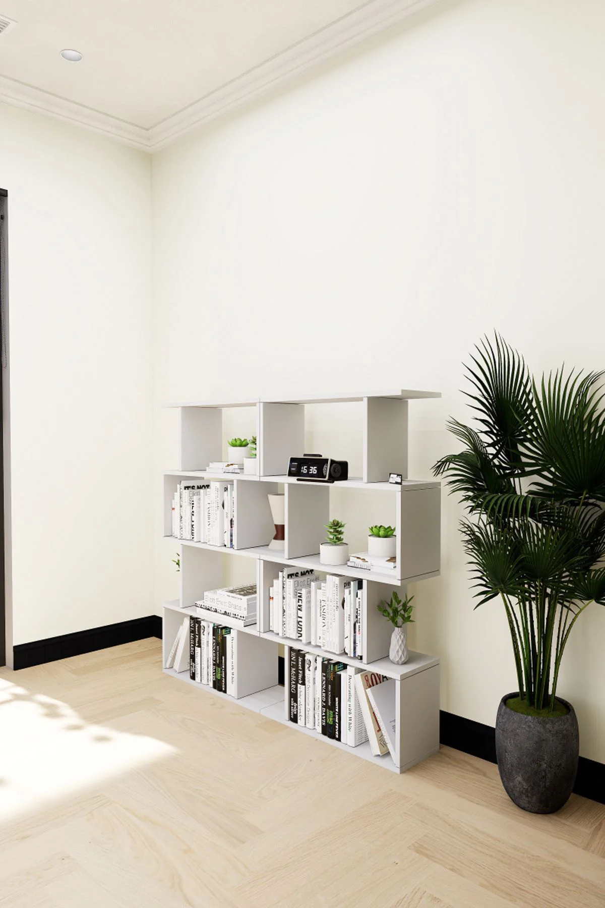 Derbent 4 Raflı Zigzag Dekoratif Double Zigzag Kitaplık Beyaz