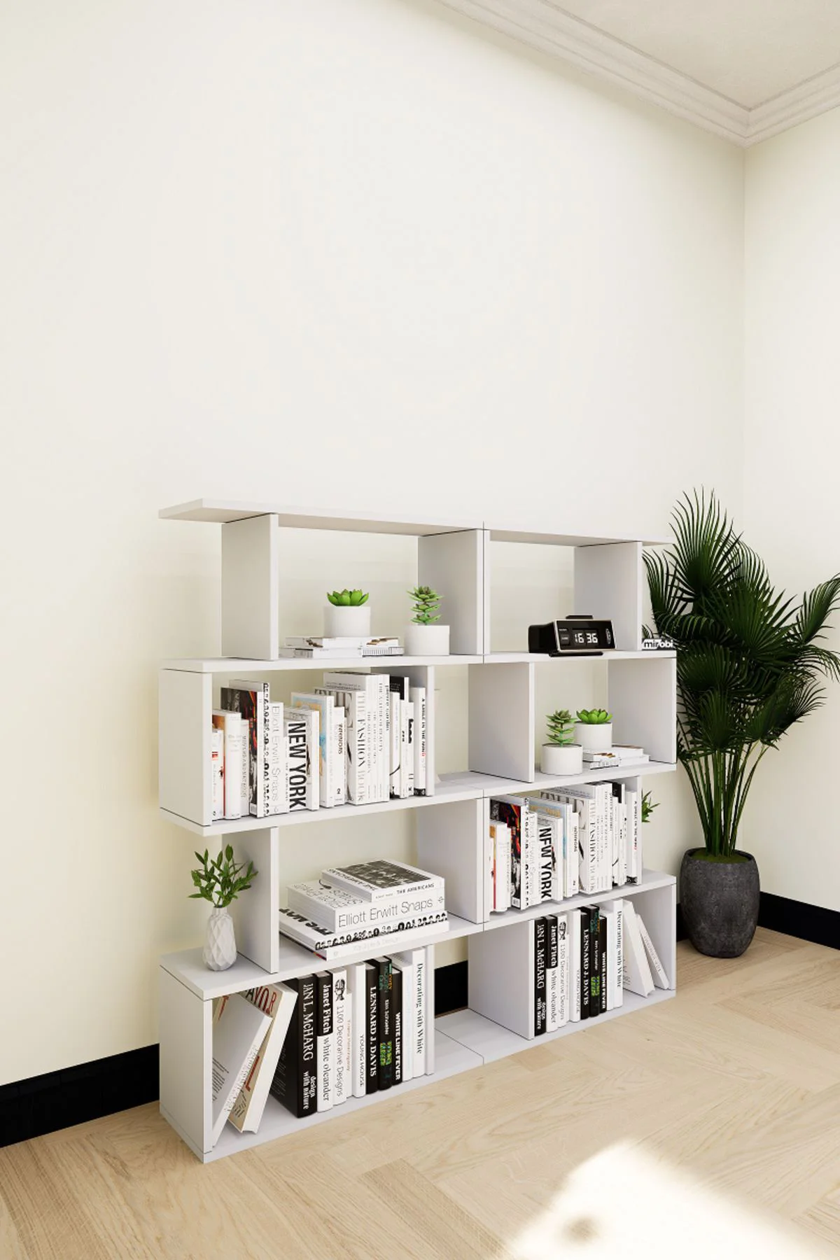 Derbent 4 Raflı Zigzag Dekoratif Double Zigzag Kitaplık Beyaz