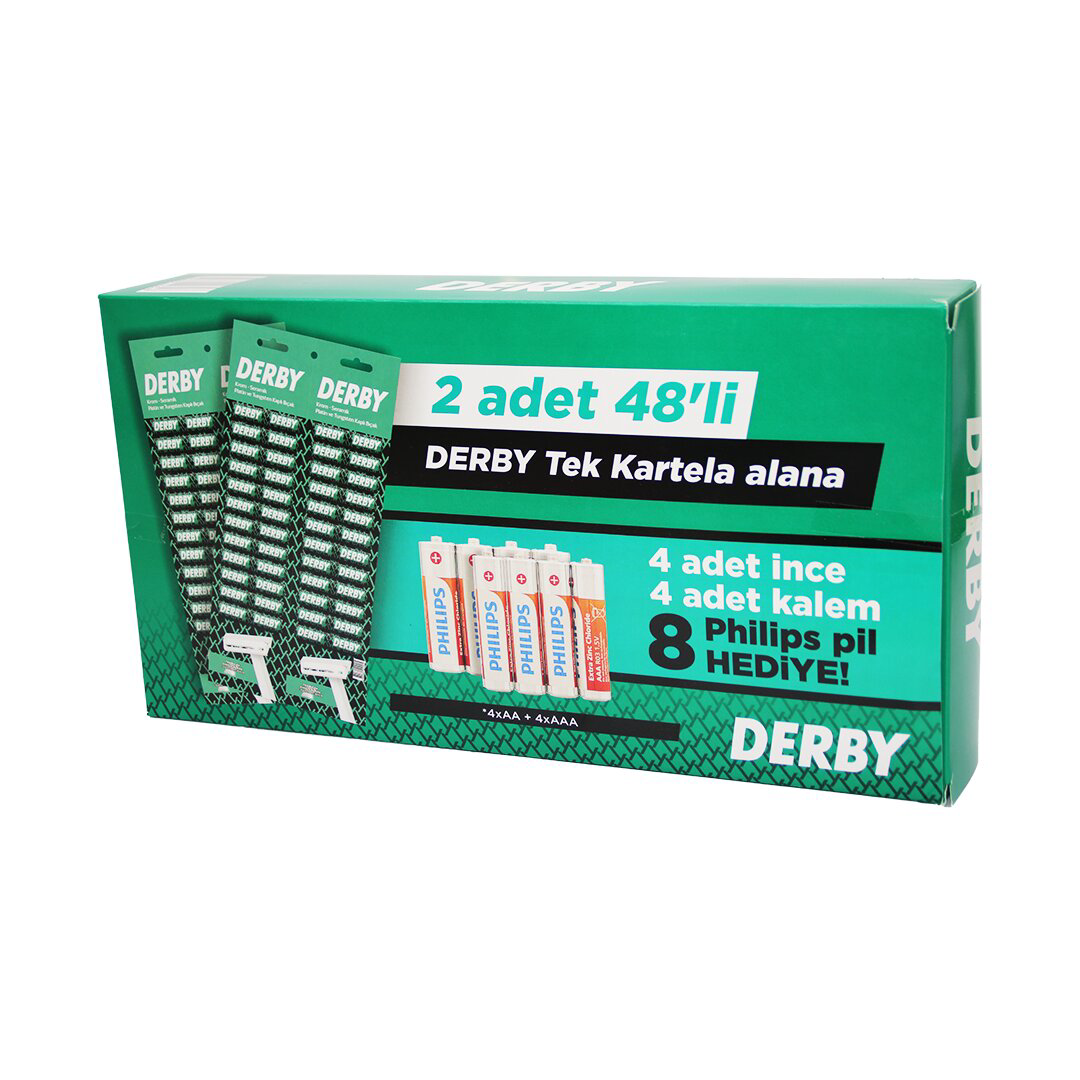 DERBY TEK BIÇAK KARTELALI JİLET 96 PARÇA 4 KALEM 4 İNCE PİL HEDİY