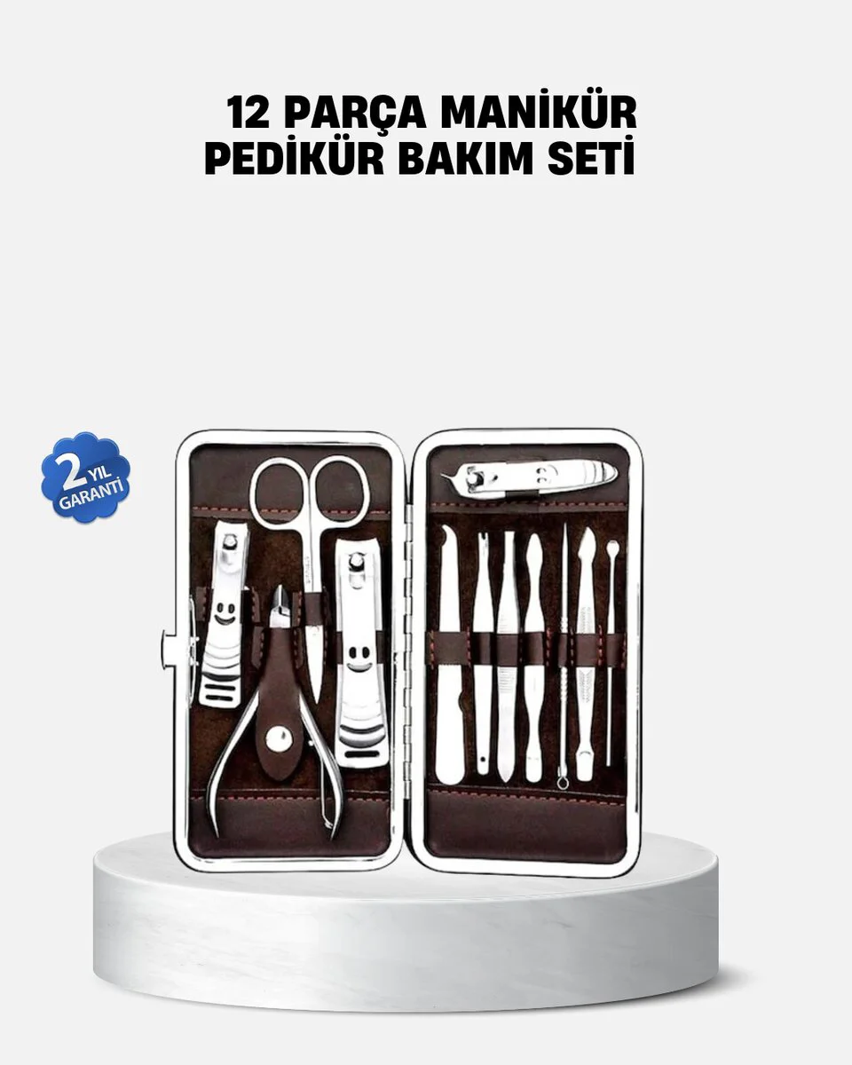 Deri Çantalı 12 Parça Manikür Pedikür Bakım Seti - Paslanmaz Çelik & Hijyenik